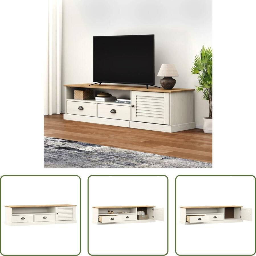 The Living Store VIGO TV meubel 156 x 40 x 40 cm wit massief grenenhout opbergruimte metalen handgrepen - Foto 2