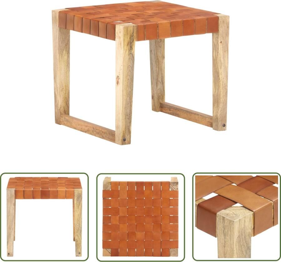 The Living Store Vintage Kruk Echt Leer Lichtbruin 50 x 50 x 45 cm Montagevereist Vintage Kruk Lederen Kruk Houtkrukken Stoere Kruk Salontafel