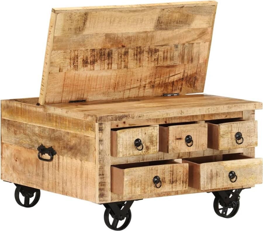 The Living Store Vintage salontafel industriÃle stijl mangohout 70 x 70 x 40 cm 5 lades 4 wielen Salontafel Mangohout Vintage Industrieel Bijzettafel - Foto 2