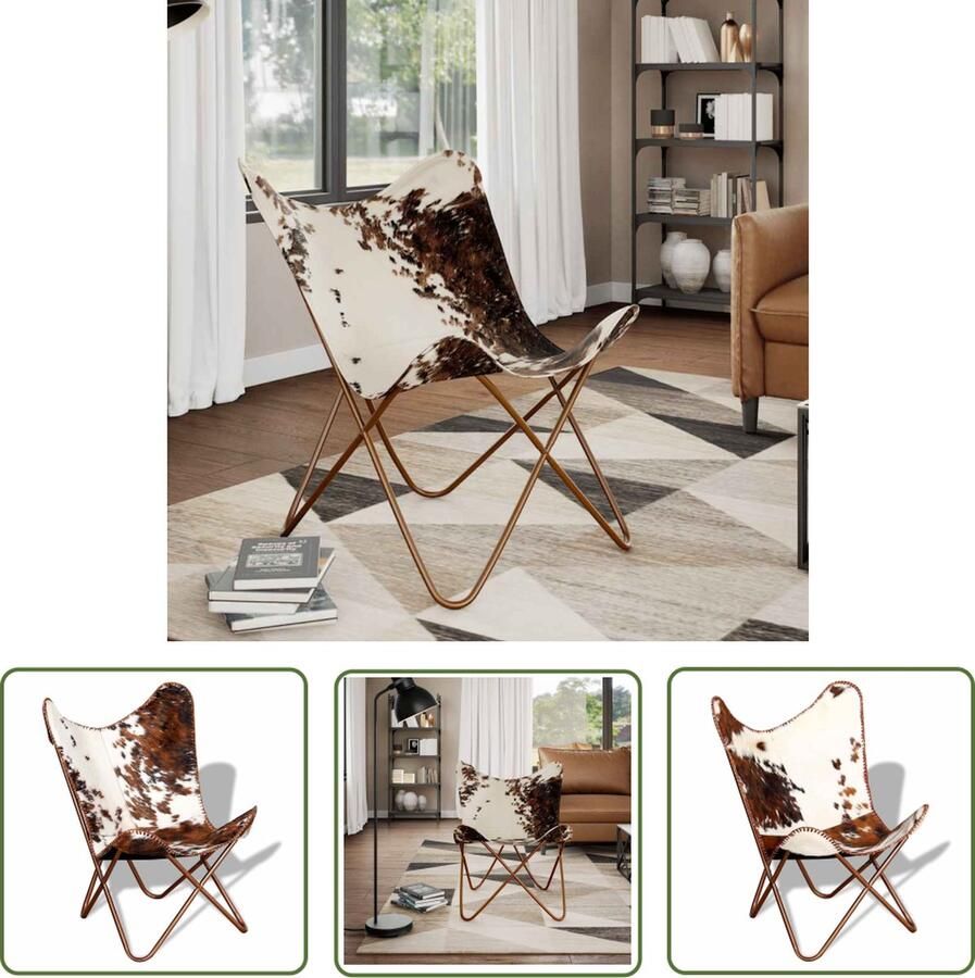 The Living Store Vintage Vlinderstoel Bruin en Wit 74 x 66 x 90 cm Echt Leer Vlinderstoel Lederen Stoel Vintage Stoel Fauteuil Salontafel