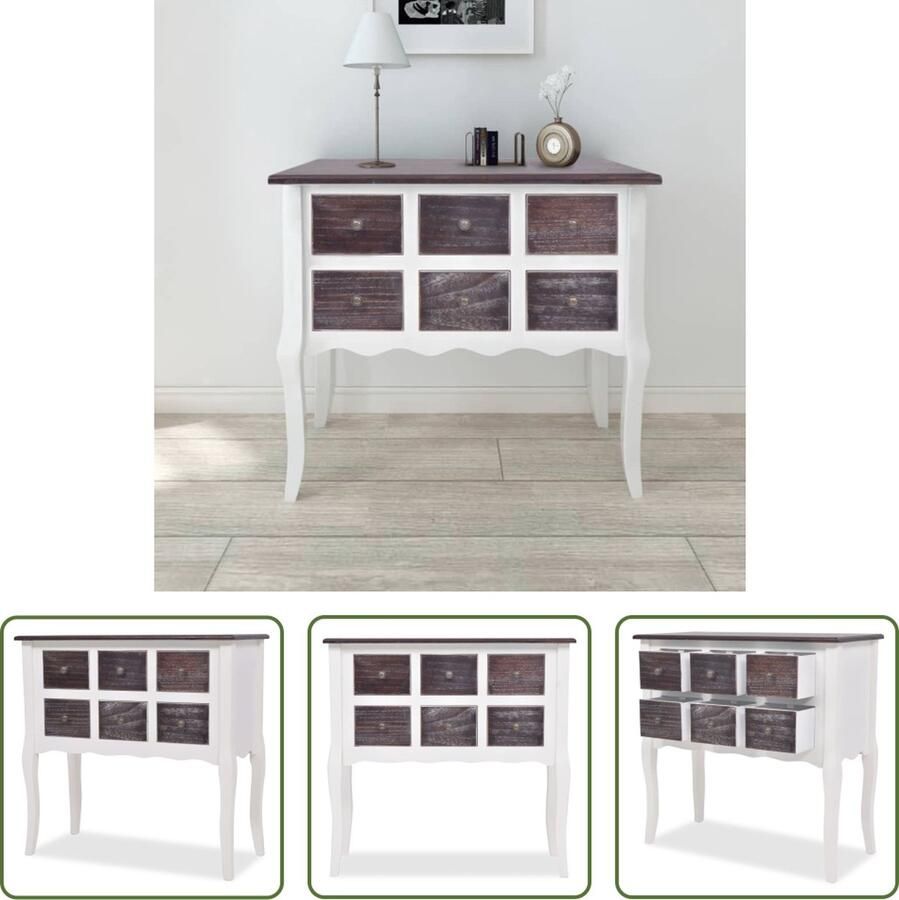 The Living Store Wandkast met 6 lades hout bruin en wit Vintage Kast Wandkast Dressoir Zijkast Houten Kast