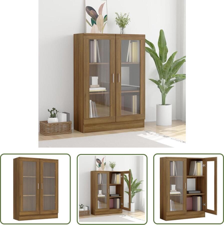 The Living Store Vitirnekast Boekenkasten Materiaal Bewerkt Hout en Glas Afmetingen 82.5 x 30.5 x 115 cm Kleur Bruineiken Vitrinekast Boekenkast Houten Kast Bruine Eiken Vintage Kast - Foto 2