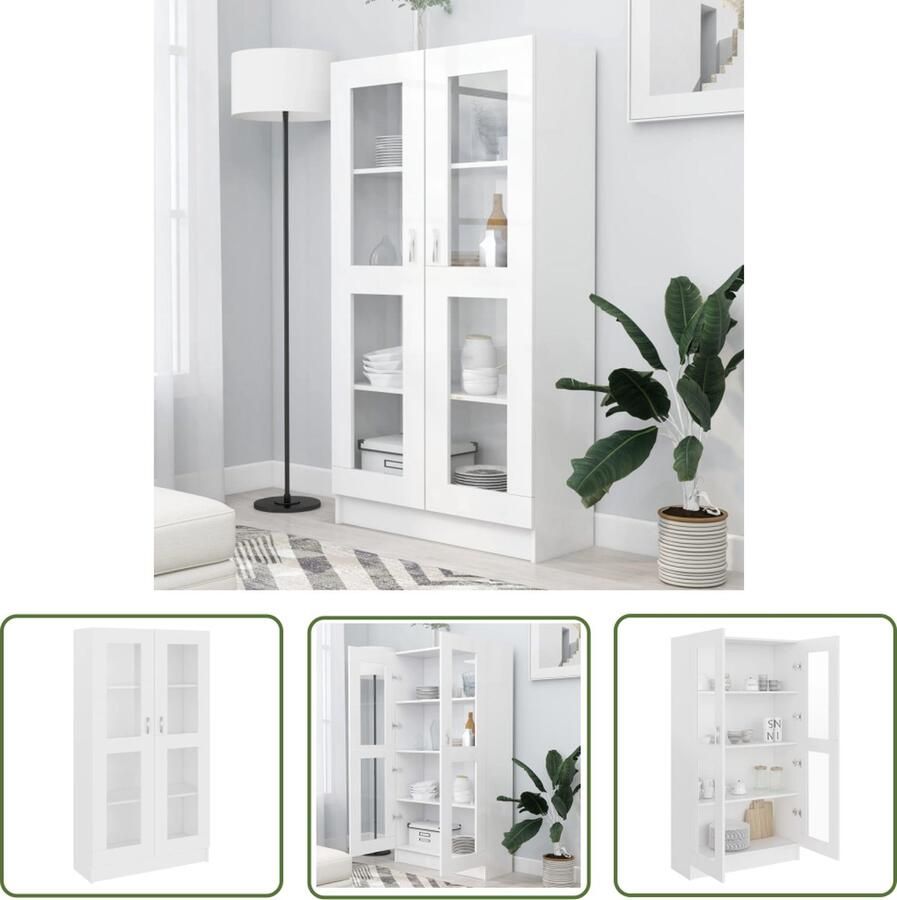 The Living Store Vitrinekast Wit 82.5 x 30.5 x 150 cm Spaanplaat en glas Vitrinekast Boekenkast Opslagruimte Houten Kast Witte Kast - Foto 2