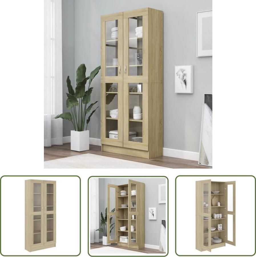 The Living Store Vitrinekast 82 5x30 5x185 5 cm bewerkt hout sonoma eikenkleurig Vitrinekast Houten Vitrinekast Salontafel Woonkamermeubel Opslagruimte - Foto 2