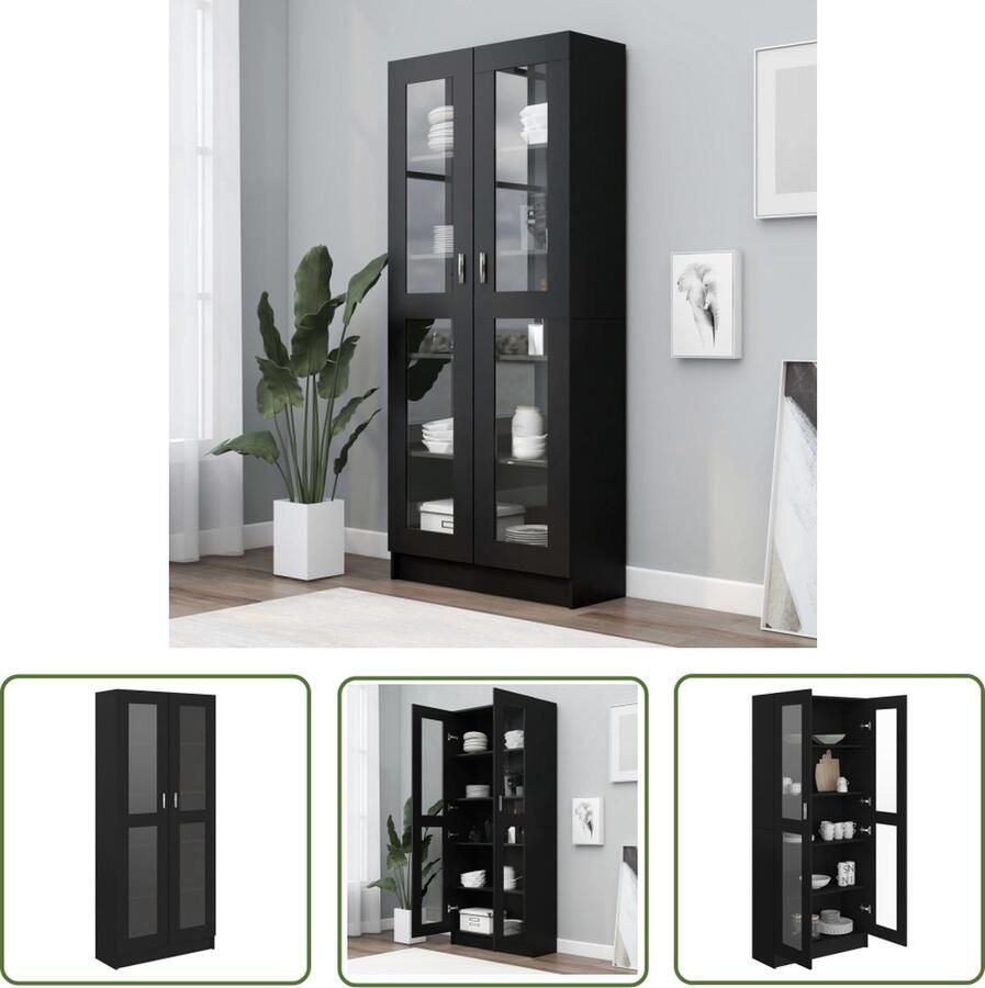 The Living Store Vitrinekast 82 5x30 5x185 5 cm bewerkt hout zwart Vitrinekast Boekenkast Zwarte Boekenkast Houten Boekenkast Opslagmeubel - Foto 2