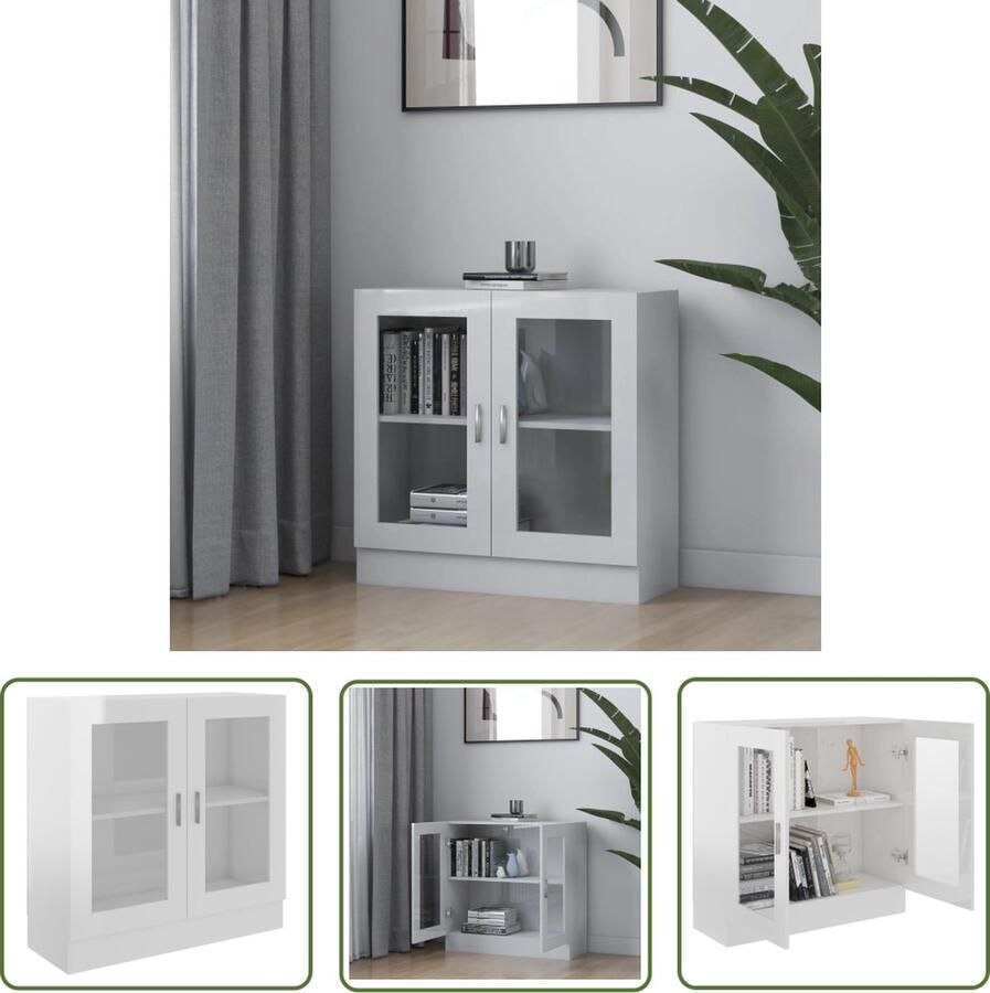 The Living Store Vitrinekast Hoogglans wit 82.5 x 30.5 x 80 cm Stevig en duurzaam Vitrinekast Boekenkast Witte Kast Houten Kast Opslagruimte - Foto 2