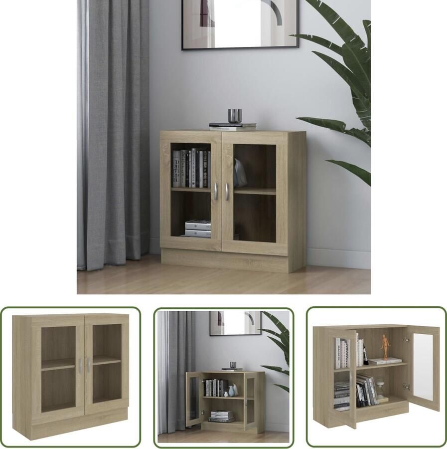 The Living Store Vitrinekast 82 5x30 5x80 cm bewerkt hout sonoma eikenkleurig Vitrinekast Boekenkast Salontafel Opslagmeubel Houten Kast - Foto 2