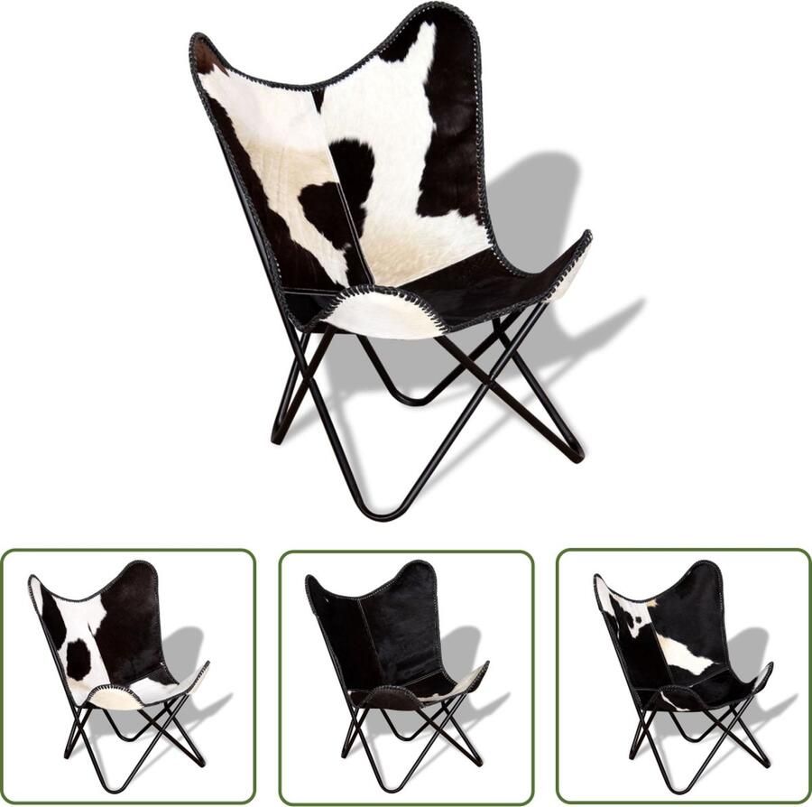The Living Store Vlinderstoel Vintage- Leer Zwart Wit 74 x 66 x 90 cm Handgemaakt Gepoedercoat Vlinderstoel Vintage Stoel Lederen Stoel Lounge Stoel Relaxfauteuil - Foto 2