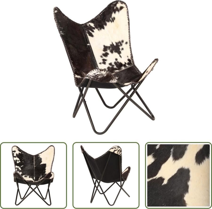 The Living Store Vlinderstoel Vintage Zwart en wit 74 x 66 x 90 cm Echt geitenleer - Foto 2