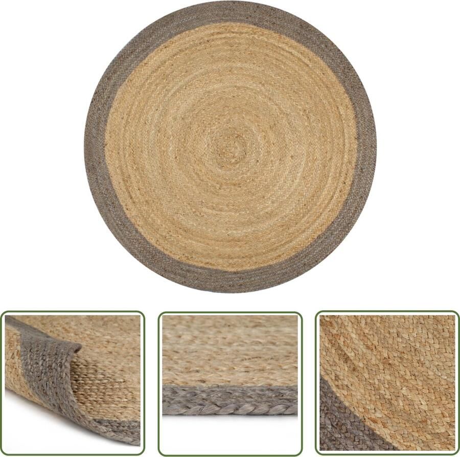 The Living Store Jute vloertapijt 90 cm diameter Handgemaakt Natuurlijk en grijs Aantrekkelijke textuur Jute Tapijt Vloertegels Woon Accessoires Vintage Tapijt Bohemian Decoratie