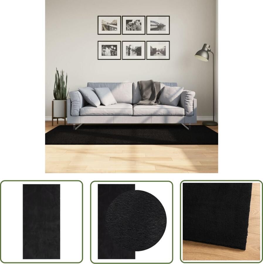 The Living Store Vloerkleed HUARTE laagpolig zacht wasbaar 100x200 cm zwart Vloerkleed Zwarte Vloerkleed Huiskamer Tapijt Slaapkamer Tapijt Polyester Vloerkleed