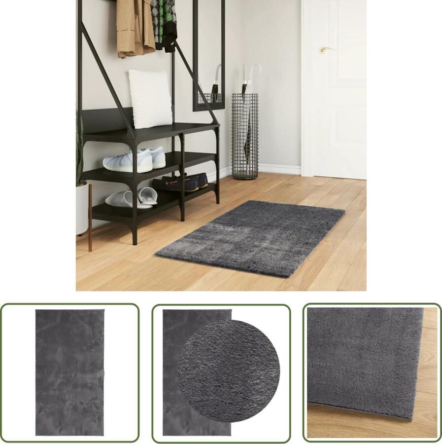 The Living Store Vloerkleed HUARTE laagpolig zacht wasbaar 60x110 cm antraciet Vloerkleed Tapijten Huiskamer Slaapkamer Gang