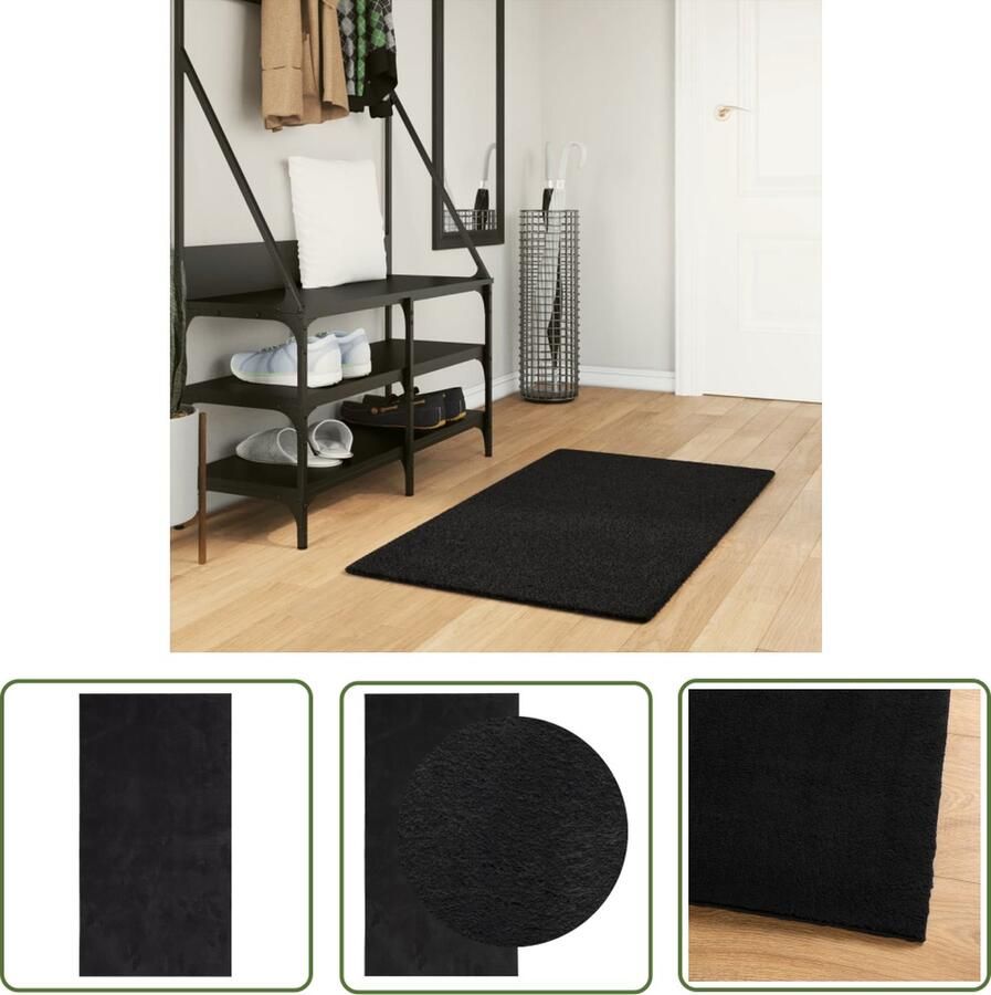 The Living Store Vloerkleed HUARTE laagpolig zacht wasbaar 60x110 cm zwart Vloerkleed Donzig Tapijt Zacht Tapijt Zwart Vloerkleed Polyester Vloerkleed