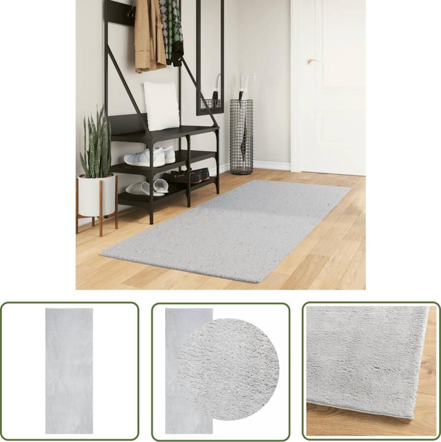 The Living Store Vloerkleed HUARTE laagpolig zacht wasbaar 80x200 cm grijs Vloerkleed Grijs Vloerkleed Zacht Vloerkleed Polyester Vloerkleed Anti Slip Vloerkleed