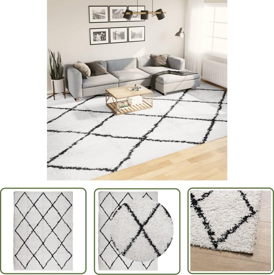 The Living Store PAMPLONA Shaggy Vloerkleed 300 x 400 cm Crème en Zwart Polypropeen 30 mm Poolhoogte Shaggy Vloerkleed Polypropyleen Vloerkleed Crème Vloerkleed Zwart Vloerkleed Groot Vloerkleed