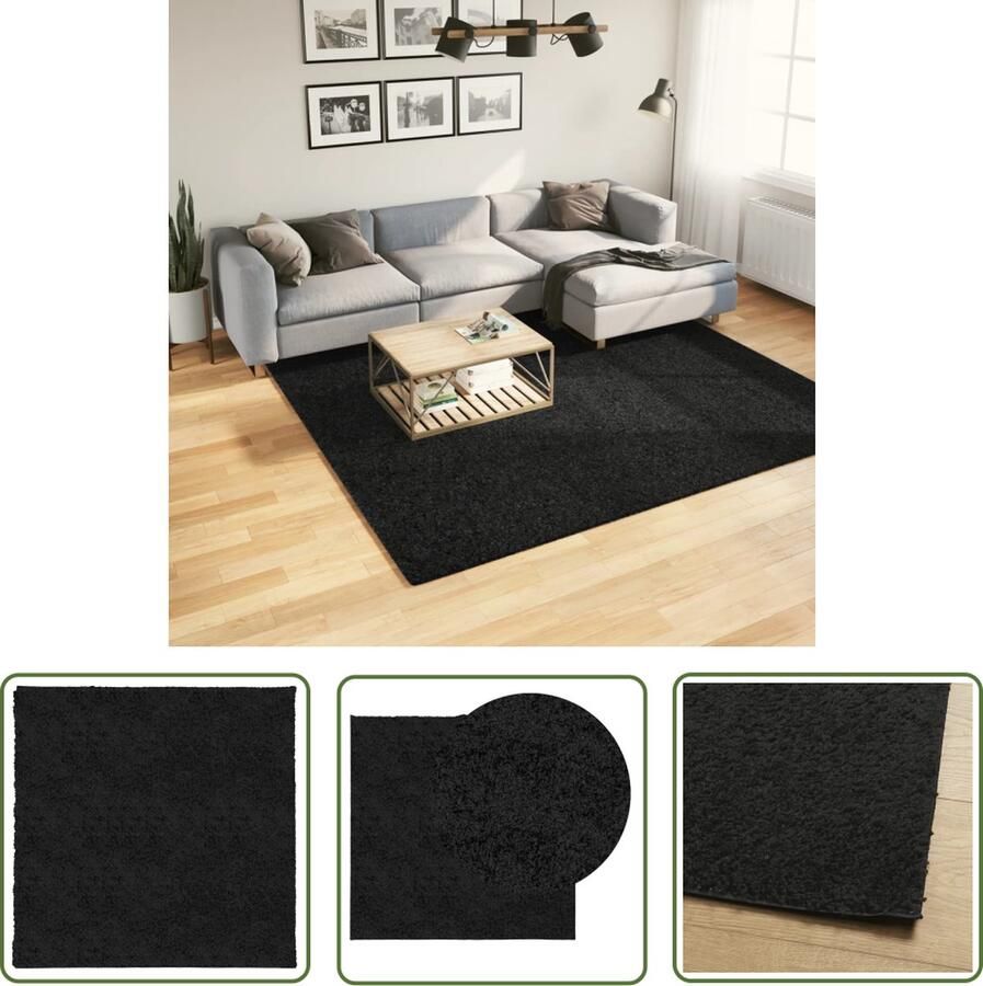 The Living Store Vloerkleed PAMPLONA shaggy hoogpolig modern 240x240 cm zwart Shaggy Vloerkleed Zwarte Vloerkleed Woonkamer Tapijt Slaapkamer Tapijt Groot Vloerkleed