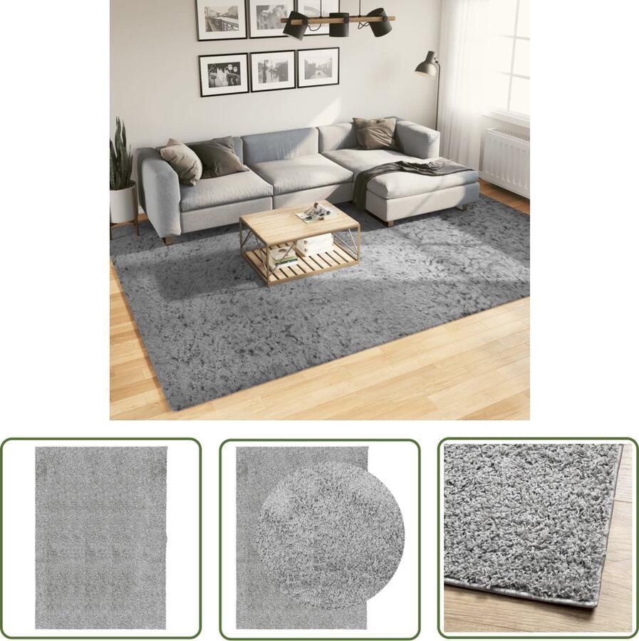 The Living Store PAMPLONA Shaggy vloerkleed 240 x 340 cm grijs 100% polypropeen Shaggy Vloerkleed Polypropyleen Vloerkleed Grijze Vloerkleed Woonkamer Tapijt Slaapkamer Tapijt