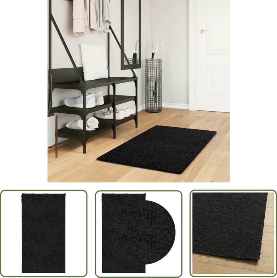 The Living Store Vloerkleed PAMPLONA shaggy hoogpolig modern 60x110 cm zwart Shaggy Vloerkleed Zwarte Vloerkleed Woonkamer Tapijt Slaapkamer Tapijt Vloerkleed Zwart