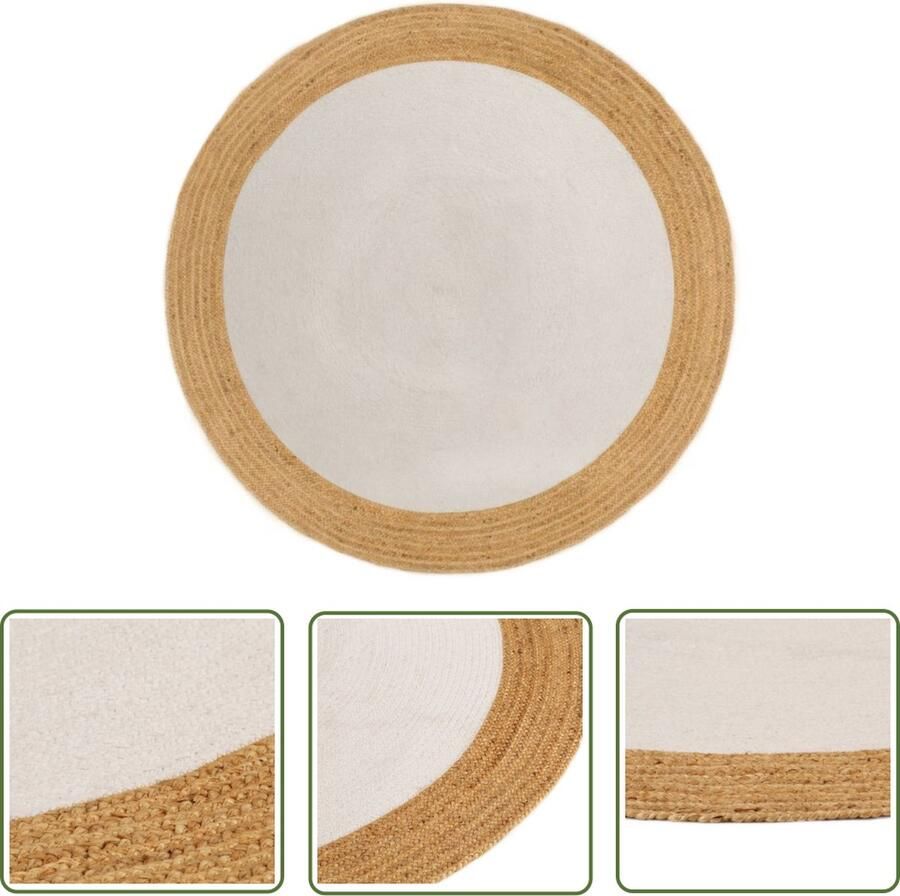 The Living Store Vloerkleed rond gevlochten 120 cm jute en katoen wit en naturel Tapijten Katoen Tapijt Jute Tapijt Rond Tapijt Woon Accessoires