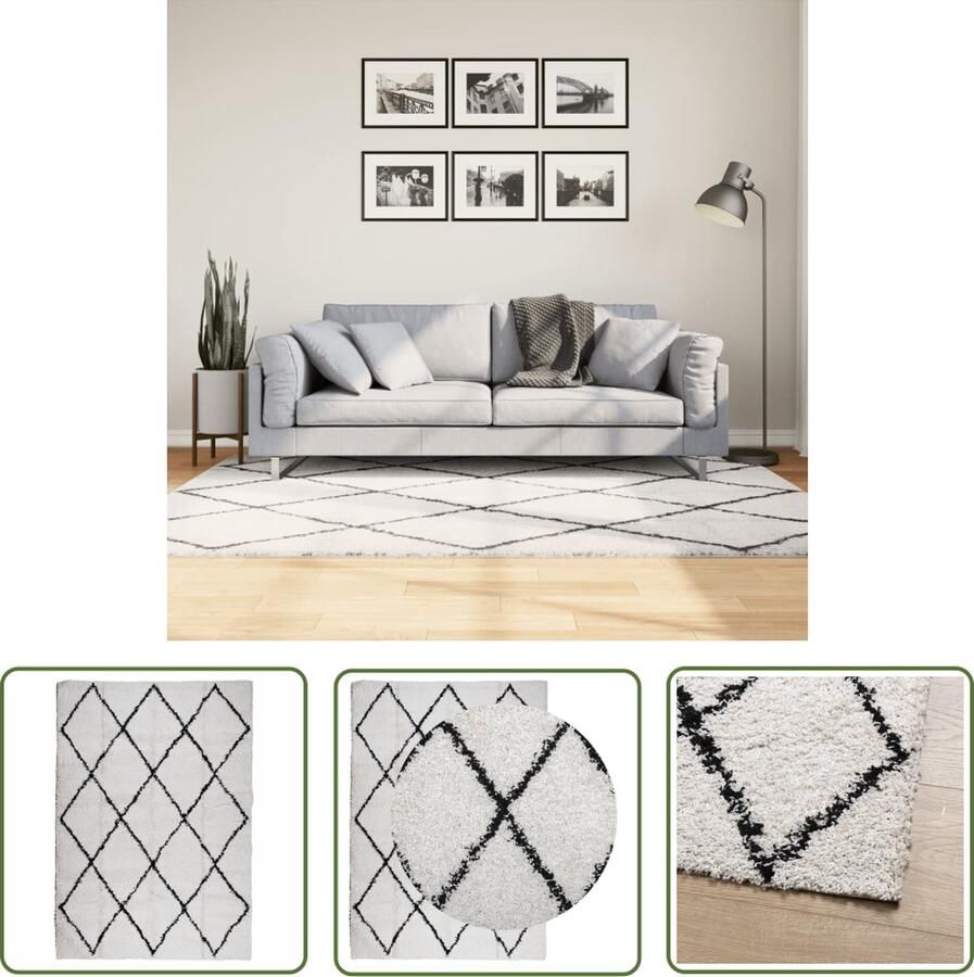 The Living Store PAMPLONA vloerkleed 140 x 200 cm 100% polypropeen crème en zwart Shaggy Vloerkleed Woonkamer Vloerkleed Slaapkamer Vloerkleed Multikleuren Vloerkleed Creme