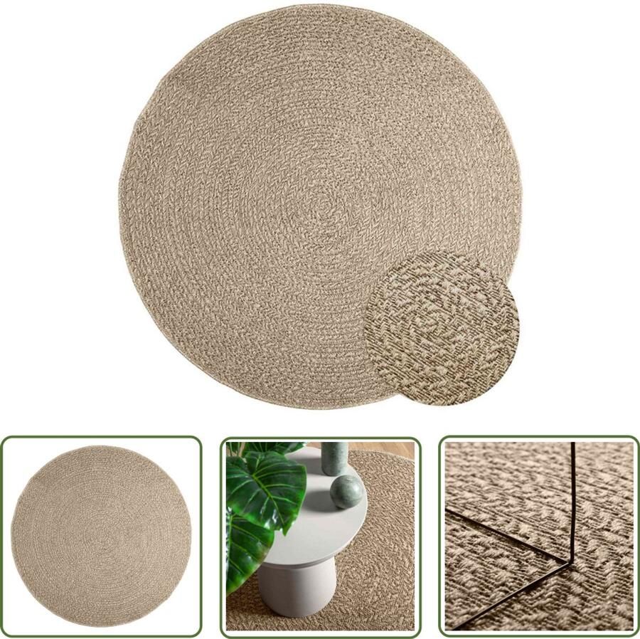 The Living Store Vloerkleed ZIZUR beige binnen en buiten Ø 160 cm jute look Vloerkleed Tuintapijt Terras Tapijt Balkon Tapijt Jute Look