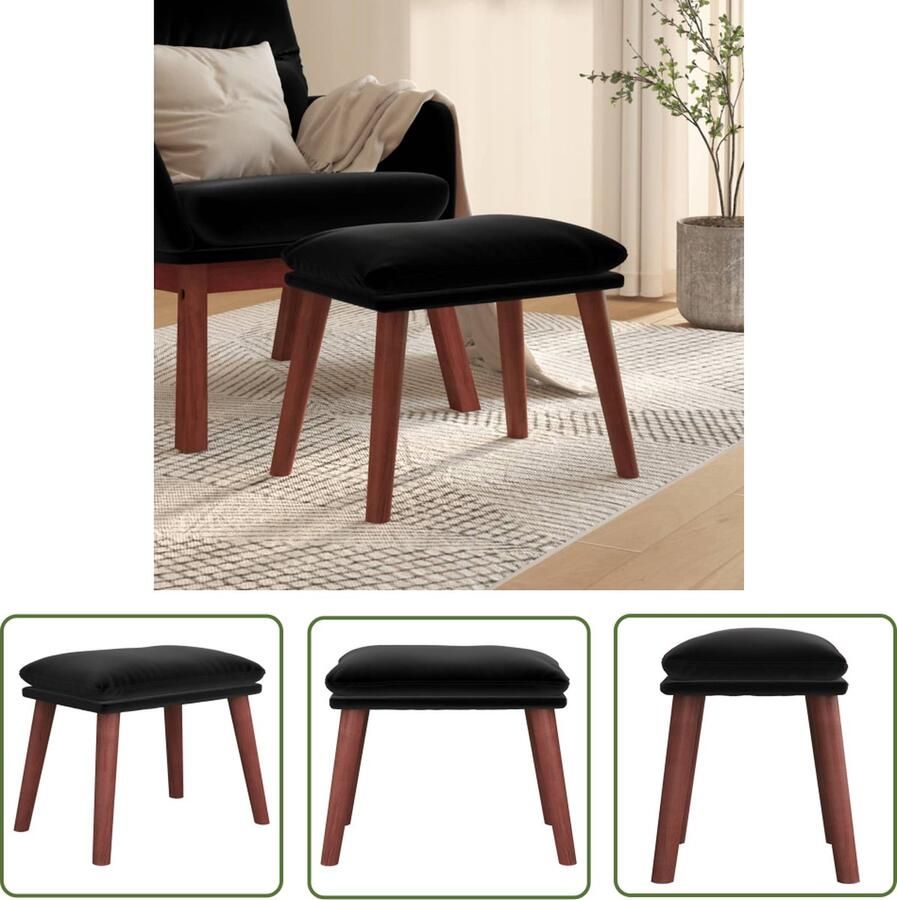 The Living Store Voetenbank fluweel zwart 45 x 29.5 x 39 cm houten poten Voetbank Zwarte Voetenbank Fluweel Voetbank Moderne Voetenbank Salontafel