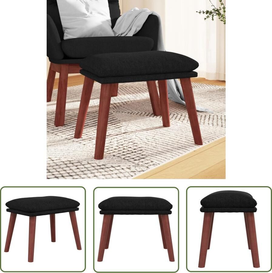 The Living Store Voetenbank Houten poten Zwarte stoffen bekleding 45x29.5x35cm