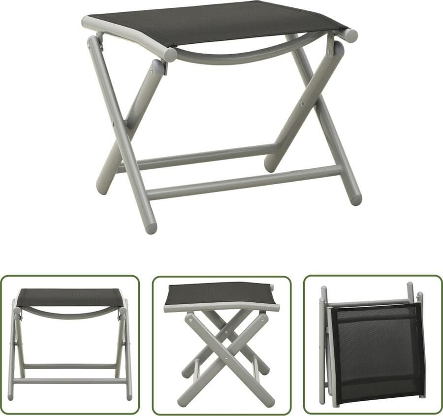 The Living Store Voetensteun inklapbaar textileen en aluminium zwart zilverkleur Voetenbank Voetensteun Tuinset Buitendecor Lounge Set