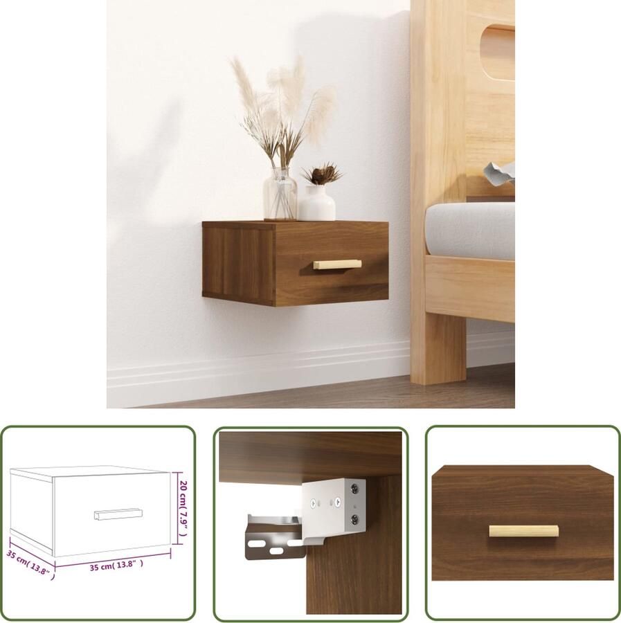 The Living Store Nachtkastje wandgemonteerd 35x35x20 cm bruin eikenkleur Wandkast Nachtkastje Kastje Bergruimte Houten Meubilair - Foto 2
