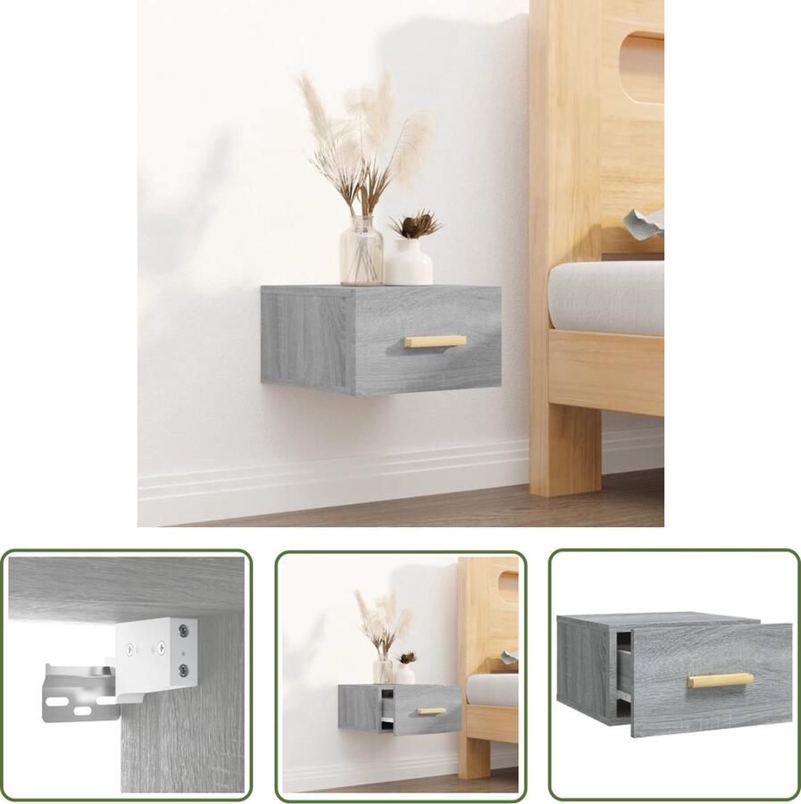 The Living Store Wandgemonteerd Nachtkastje Afmeting- 35 x 35 x 20 cm Kleur- Grijs Sonoma Eiken Wandkast Nachtkastje Grijze Kast Houten Kast Compact Meubilair - Foto 3