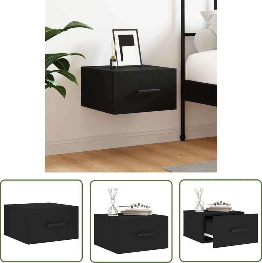 The Living Store Wandgemonteerd Nachtkastje Zwart 35 x 35 x 20 cm Bewerkt hout - Foto 2