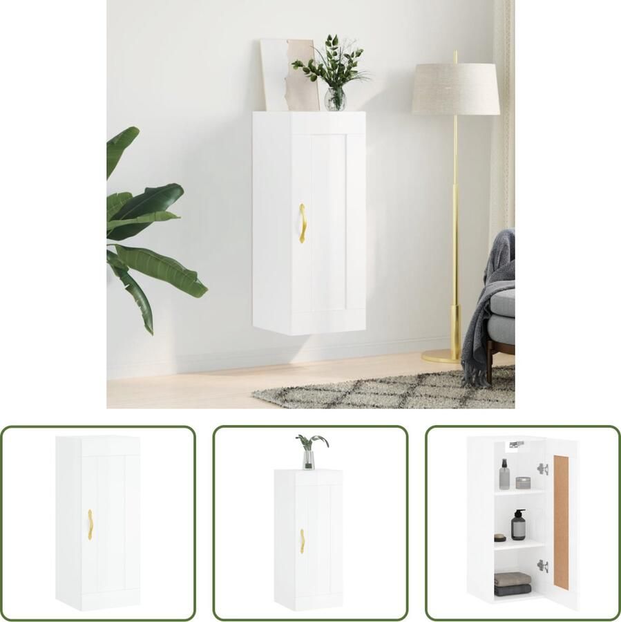The Living Store Wandkast 34 5x34x90 cm bewerkt hout hoogglans wit Wandkast Opbergkast Keukenopstelling Badkamermeubilair Living Meubels