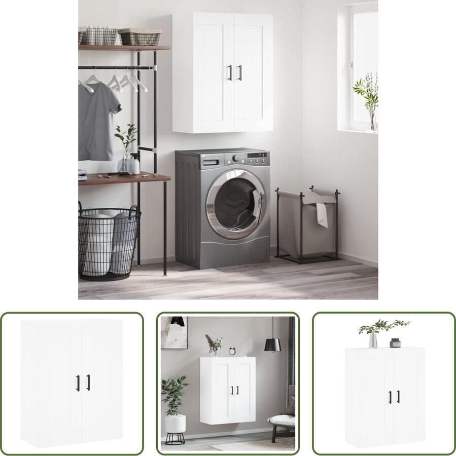 The Living Store Wandgemonteerde Kast Wit 69.5 x 34 x 90 cm Stevig hout 3 vakken 2 deuren Elegante handgrepen Montage vereist - Foto 3