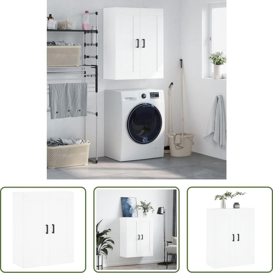 The Living Store Wandgemonteerde Kast Wit 69.5 x 34 x 90 cm Stevig hout 3 vakken 2 deuren Elegante handgrepen Montage vereist - Foto 2