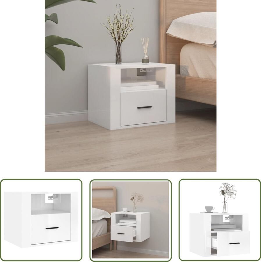 The Living Store Wandgemonteerde Nachtkastje Hoogglans Wit 50x36x40cm Duurzaam Hout - Foto 2