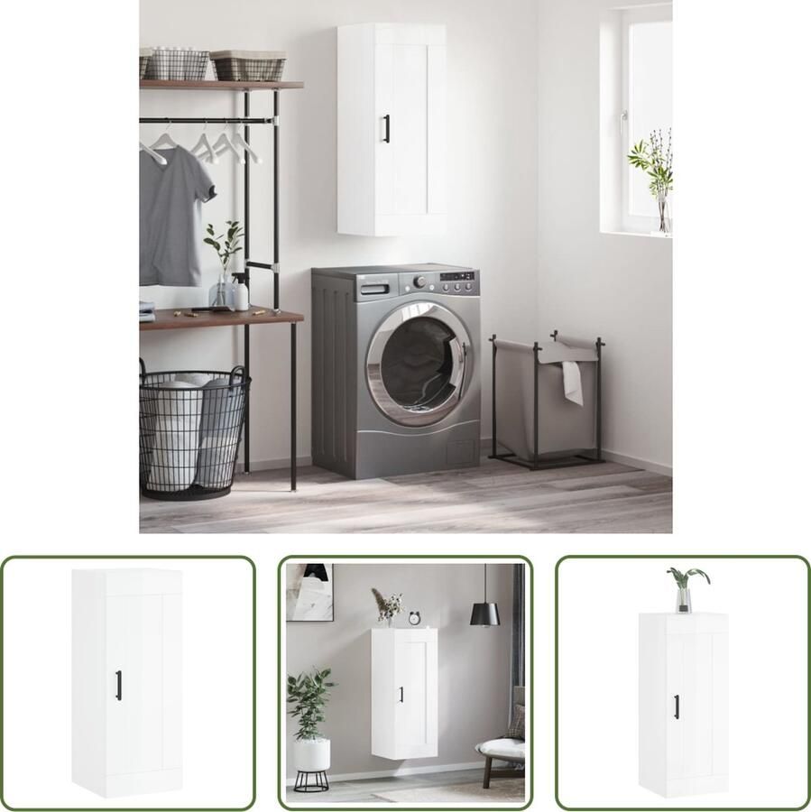 The Living Store Wandkast 34 5x34x90 cm bewerkt hout hoogglans wit Wandkast Opbergkast Keukenopstelling Badkamermeubilair Livingaccessoires