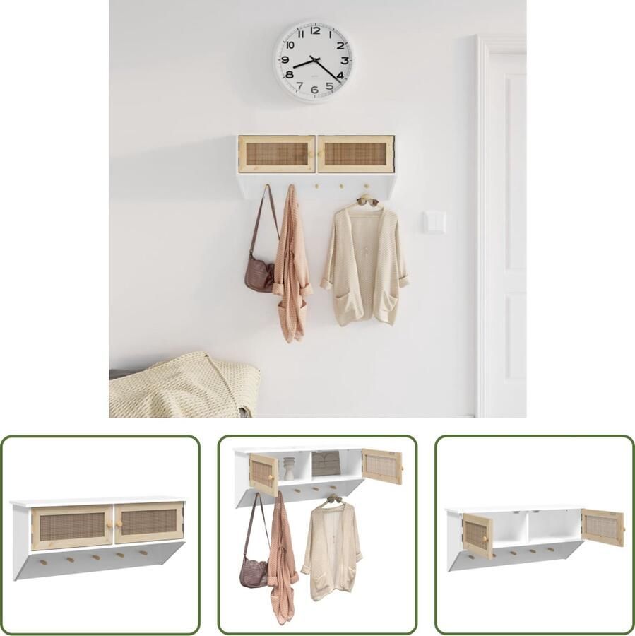 The Living Store Wandkapstok bewerkt hout en natuurlijk rattan wit Wandkapstok Scandinavisch Design Houten Kapstok Opbergmogelijkheden Multifunctionele Kapstok