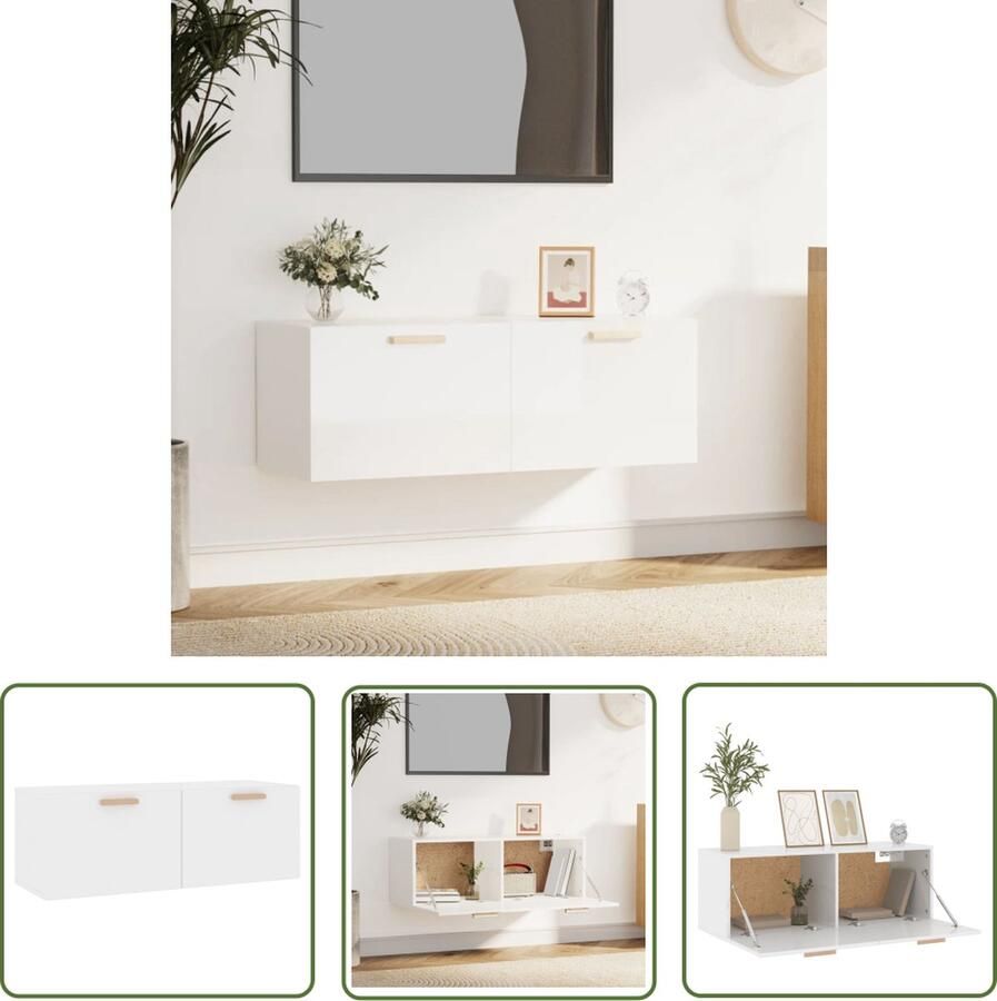 The Living Store Wandkast 100x36 5x35 cm bewerkt hout hoogglans wit Wandkast Houten Kast Opbergkast Keukenopstelling Livingroomdecoratie - Foto 2