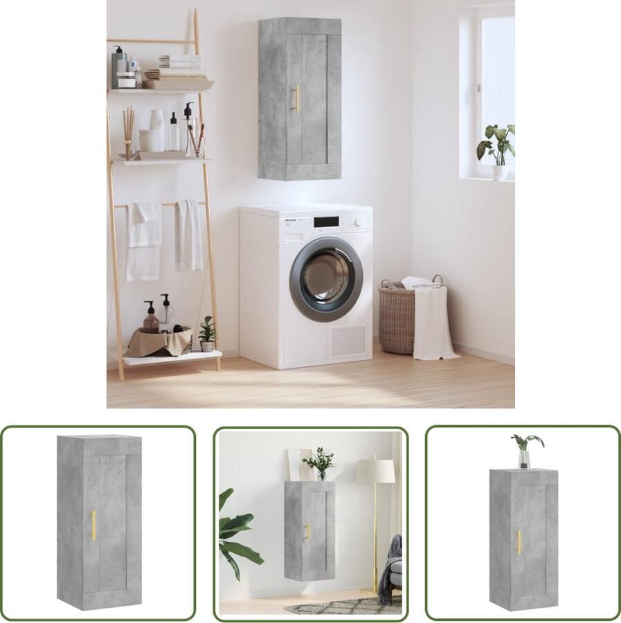 The Living Store Wandkast 34 5x34x90 cm bewerkt hout betongrijs Zwevende Kast Wandkast Opbergkast Houten Kast Grijze Kast