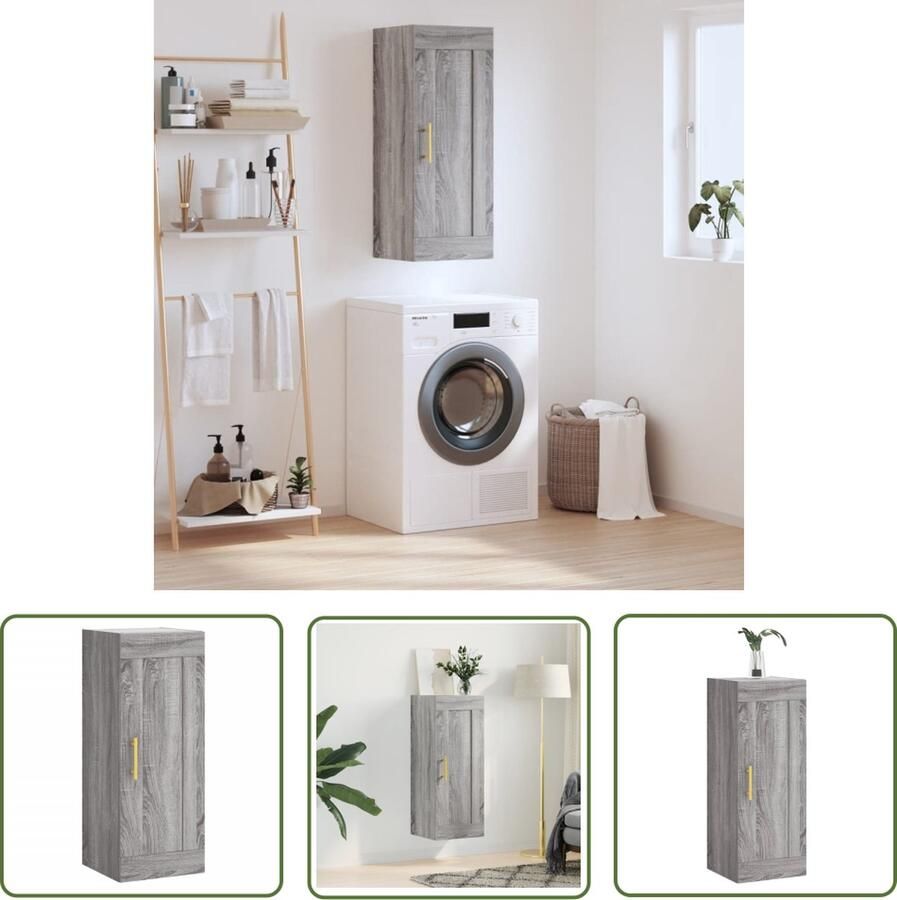 The Living Store Wandkast 34 5x34x90 cm bewerkt hout grijs sonoma eikenkleurig Wandkast Opbergkast Grijze Kast Houten Kast Salontafel