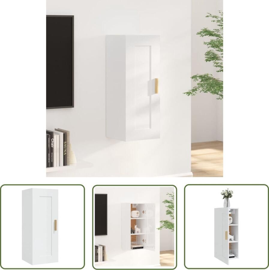 The Living Store Wandkast 35x34x90 cm bewerkt hout hoogglans wit Wandkast Opbergkast Houtsoort Keukenopslag Livingroom Storage