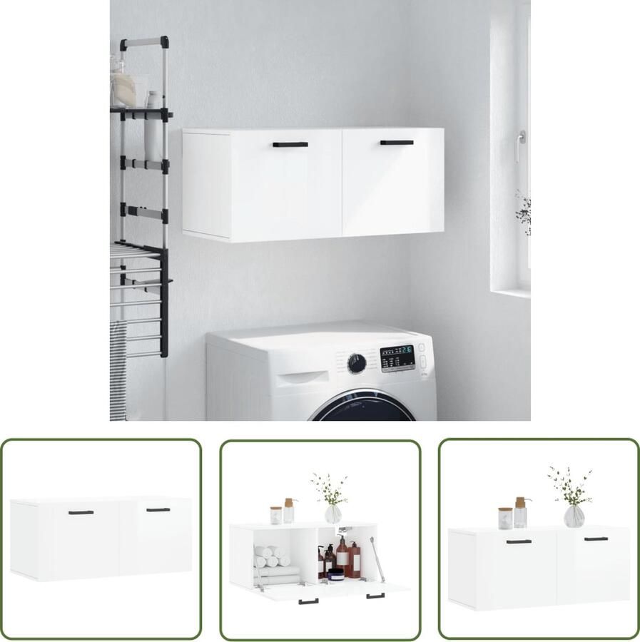The Living Store Zwevende wandkast Hoogglans wit 80 x 36.5 x 35 cm Bewerkt hout Zwevende Wandkast Houten Kast Witte Kast Badkamerkast Salonkast - Foto 2