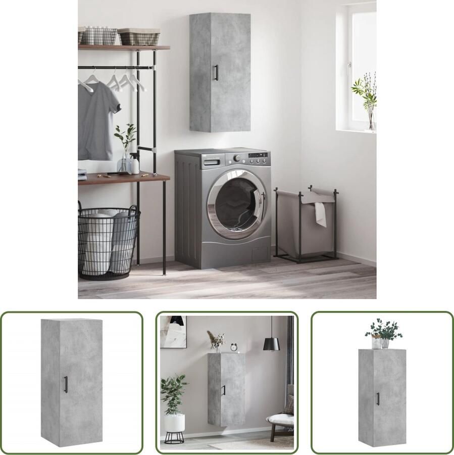 The Living Store Hangkast 34 5x34x90 cm betongrijs Wandkast Houtskelet Bergruimte Decoratief Minimalistisch