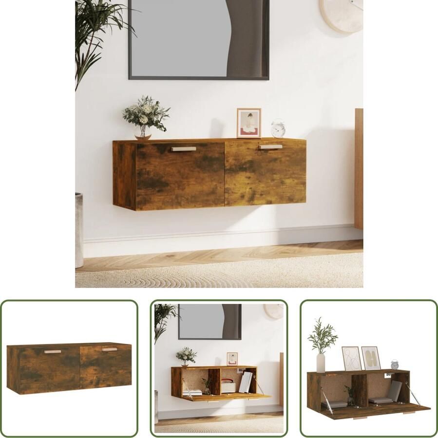The Living Store Wandkast Gerookt Eiken 100x36.5x35 cm 2 lades - Foto 2