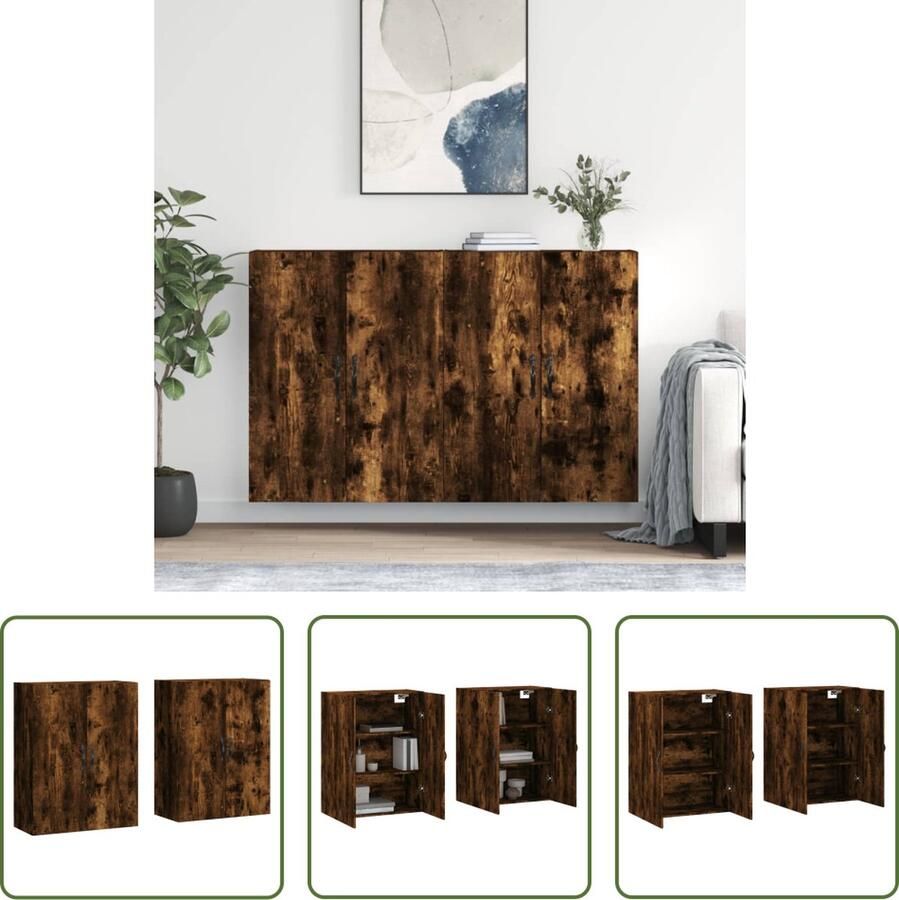 The Living Store Hangkasten 2 st bewerkt hout gerookt eikenkleurig Wandkast Opbergkast Houten Kast Gerookte Eiken Meubilair Livingroom Furniture