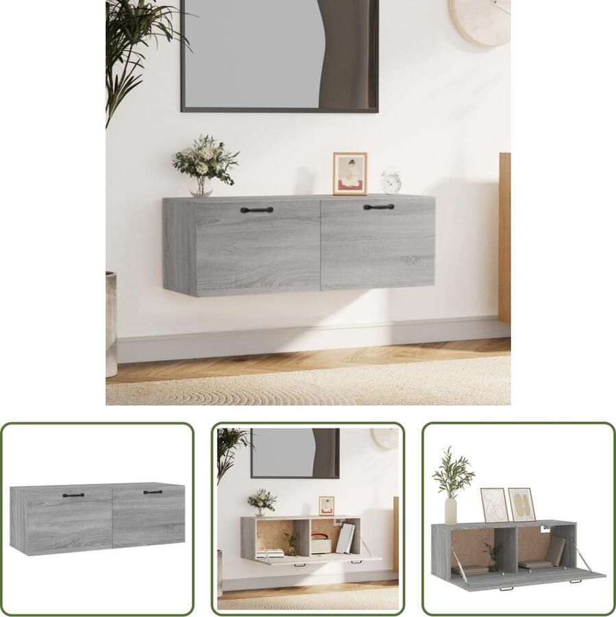 The Living Store Wandkast Grijs Sonoma Eiken 100x36.5x35 cm 2 Lades - Foto 2