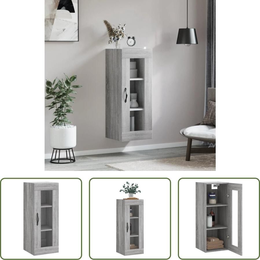The Living Store Hangkast 34 5x34x90 cm grijs sonoma eikenkleurig Wandkast Grijze Kast Sonomaskist Houten Kast Vitrinekast