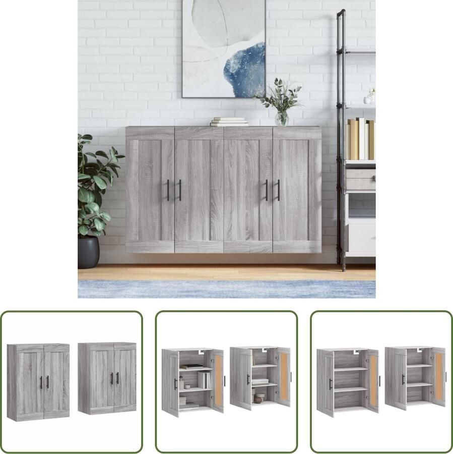 The Living Store Wandmeubel Praktische en Decoratieve Wandkasten afmeting- 69.5 x 34 x 90 cm Ken- Glasdeur Kleur- Grijs Sonoma Eiken Materiaal- Bewerkt hout en glas - Foto 3