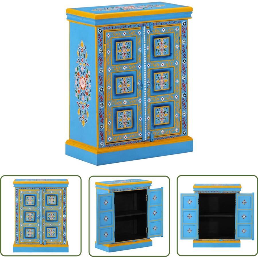 The Living Store Wandkast handgeschilderd massief mangohout turquoise Wandkast Vintage Kast Retro Design Mangohout Blauwe Kast