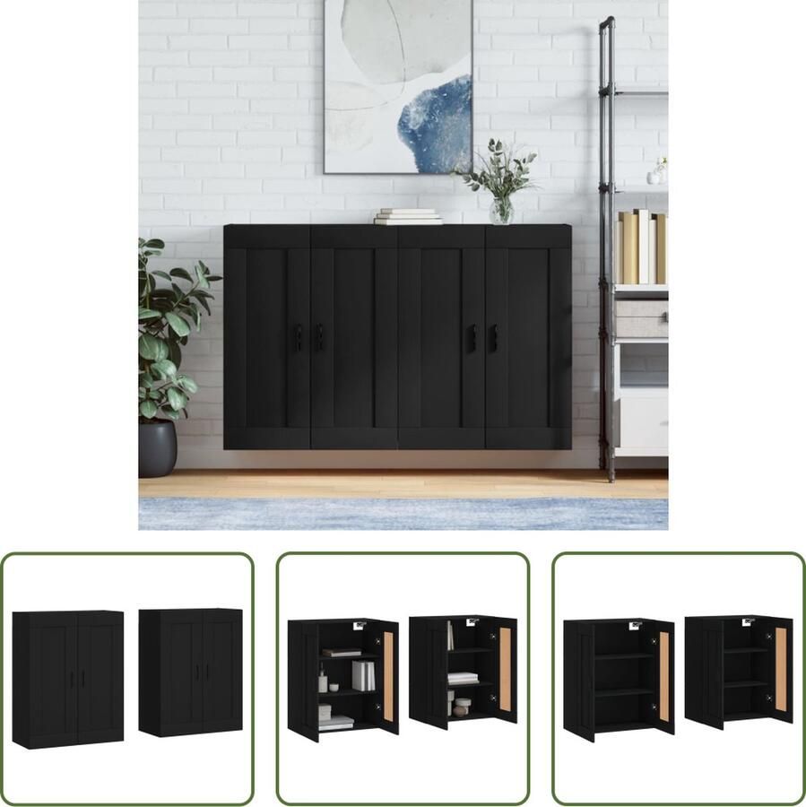 The Living Store Hangkasten 2 st bewerkt hout zwart Wandkast Zwarte Wandkast Houten Wandkast Opbergkast Hangkast - Foto 2